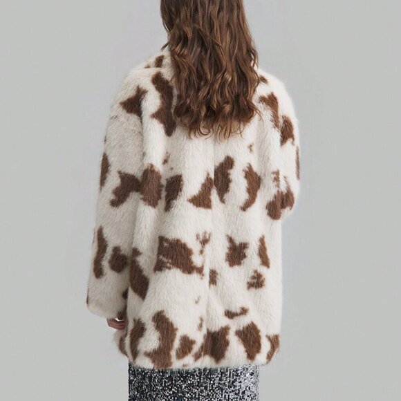 Khaki Casual Womens Leopard Print Oversized Fluffy faux fur Lined Coat - Picture 5 of 8